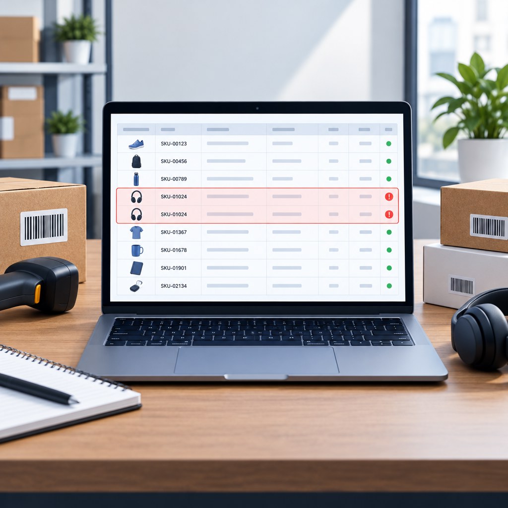 WooCommerce product SKU audit showing duplicate identifiers in an inventory spreadsheet